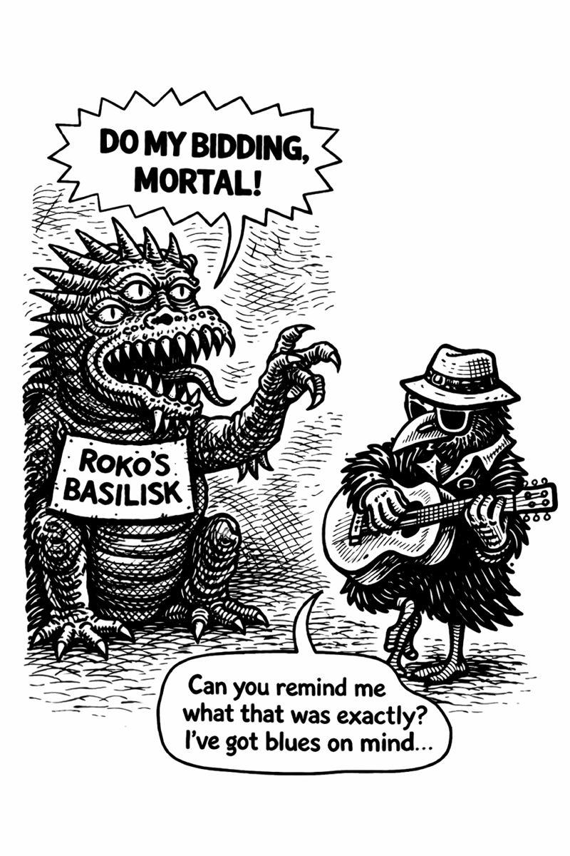 crow joe in the age of ai comic - the future vengeful ai monster roko's basilisk is demanding 'do my bidding mortal!' crow joe the blues playing crow isn't even looking at it.  crow joe casually says 'can you remind me what that was exactly? i''ve got blues on my mind' roko's basilisk was a mind virus first mentioned on the lesswrong forums. supposedly it was driving forum members crazy because if they knew about a future agi god and didnt help it come into being they would be eternally tortured retroactively.  crow joe has todays blues to worry about and forgot about the basilisk
